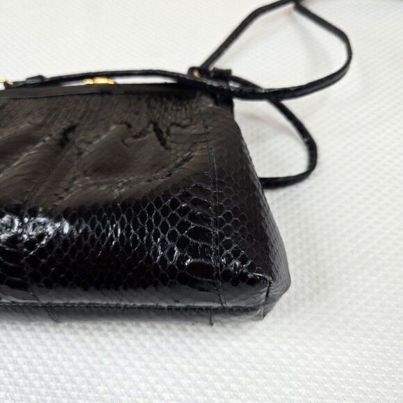 Vintage 60s Marlene Gaines Black Eel Leather Purse Gold Clasp Shoulder Strap - Picture 7 of 10
